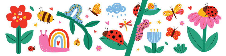 Cute insects and flowers summer collection. Garden set with butterfly, ladybug, caterpillar and snail. Colorful nature elements for kids design. Flat vector illustration isolated on white background. © Hanna Bykova