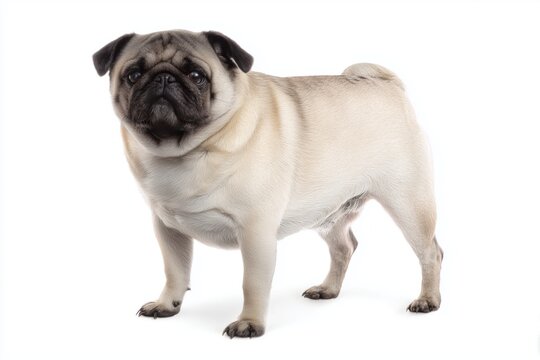Pug dog stands on white background with relaxed posture and curious expression in a studio setting at midday