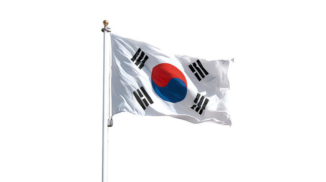 A South Korean flag flutters in the wind atop a flagpole against a pure white background.