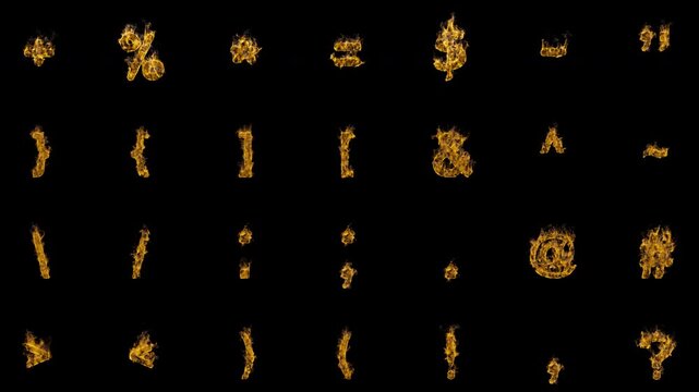 Collection of burning punctuation and symbol signs with realistic flames and smoke. Fiery animated typography set for overlays and motion graphics. Seamless loop in 4K, alpha channel.