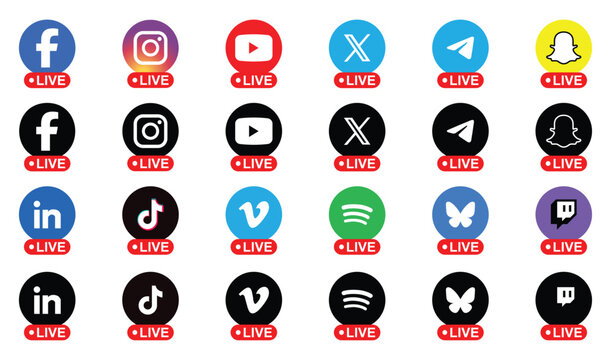 social media live streaming logo icons facebook instagram youtube x telegram snapchat linkedin spotify live broadcast editorial vector set
