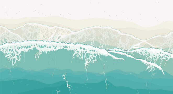Overhead view of turquoise ocean waves crashing on a sandy beach with foam