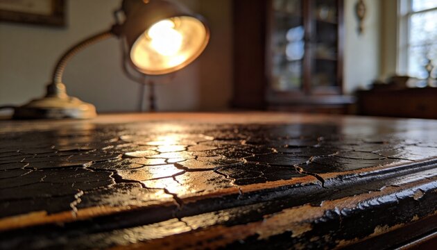 Showing worn wooden tabletop reflecting warm desk lamp light in home study, with cracked lacquer