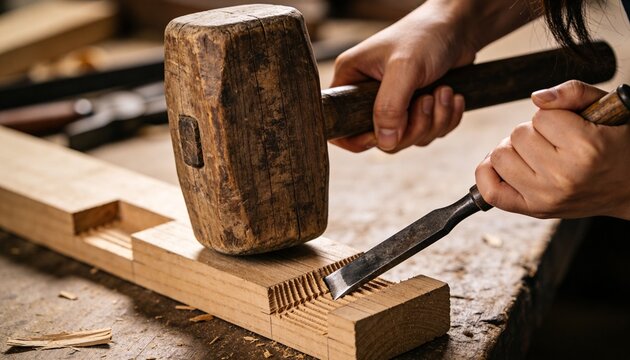 Chiseling pair of hands carving notch into hardwood beam at workshop bench, with mallet and chisel