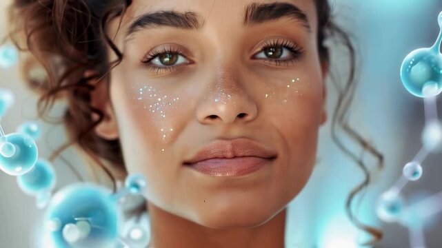 Conceito cient&iacute;fico de skincare e antienvelhecimento: Close-up de uma linda mulher com pele radiante e mol&eacute;culas 3D azuis flutuantes representando pept&iacute;deos, exossomos e hidrata&ccedil;&atilde;o celular