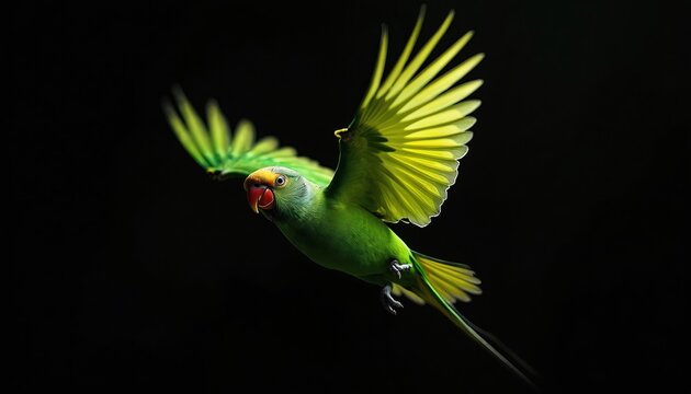 Green rose ringed parakeet flies with open yellow wings against dark background. Bird has red beak and yellow head. Wildlife fauna captured in flight.