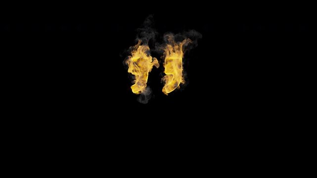 Burning double quotation mark symbol with realistic flames and smoke. Fiery punctuation animation for typography, text, titles, dialogue, quotes and motion graphics. Seamless loop in 4K, alpha channel