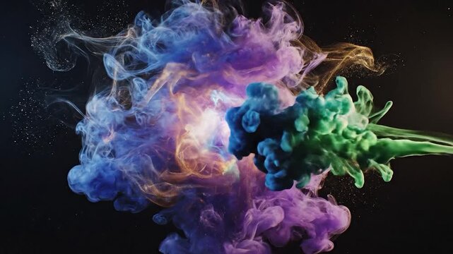 Vibrant colorful smoke and glitter particles exploding and swirling in a dark void, creating an abstract cosmic nebula effect