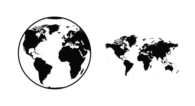 World map illustration with a globe depicted in black silhouette