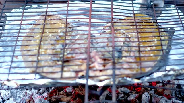 Grilling butterflied fish on hot coals of wood fire, close-up rack focus