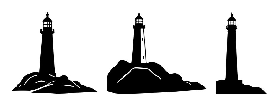 Solid black icon, white background: lighthouse icon set with simple line art design featuring sketches, drawings, vector graphics with minimalist and simple illustrations