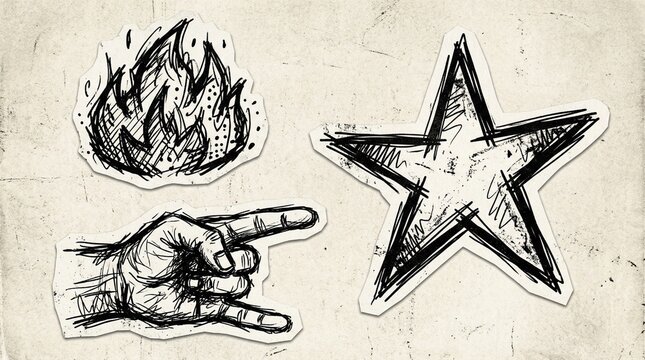 Vintage hand drawn sticker set, grunge rock and roll hand gesture with fire and star icons, retro sketch illustrations on textured paper