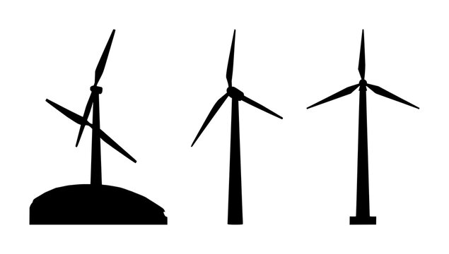 Solid black silhouette of a vertical axis wind turbine, renewable energy icon, sharp geometric lines, white background. set with simple line art design featuring outline, illustration, graphic elem...