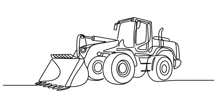 A single continuous line drawing of a heavy construction vehicle with a large front bucket loader