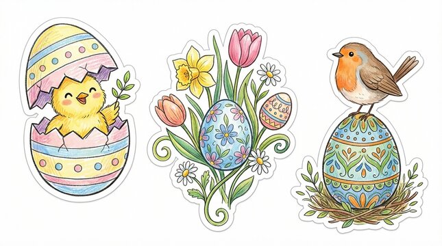 A delightful coloring book page illustration featuring easter eggs with a chick bird and flowers.