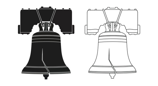 Two depictions of the liberty bell one black and one white silhouette