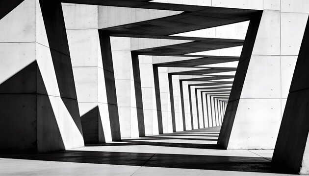 Framing repeating concrete frames creating receding corridor in outdoor passage, triangular shadows