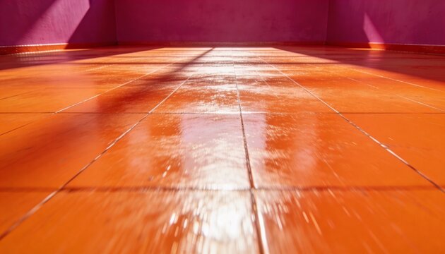 Shining glossy orange tiled floor showing grout lines scuff marks in sunlit room with magenta wall