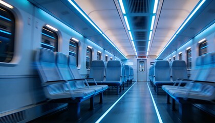 Obraz premium Showing empty commuter train moving down aisle from low angle, with paired seats and LED strips