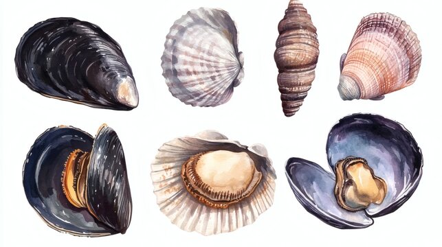Watercolor illustration of assorted seashells and mussel on white background, delicate textures and natural colors