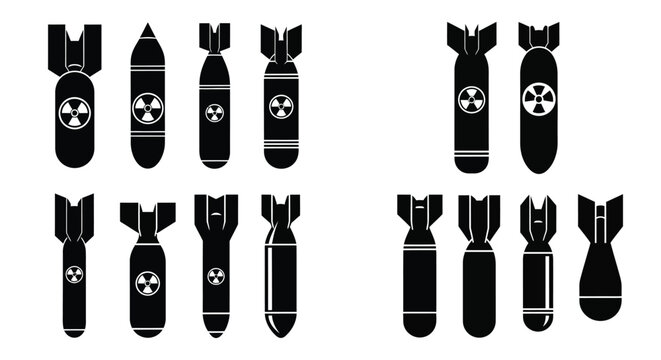 Various nuclear bomb designs depicted in a stark black silhouette