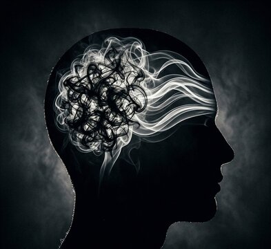 Human silhouette with brain made of smoke and swirling mist on dark background, mental stress and mystery concept.