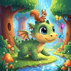 Naklejka premium Enchanted Forest Friends - A Baby Dragons Adventure with Squirrels and Butterflies.