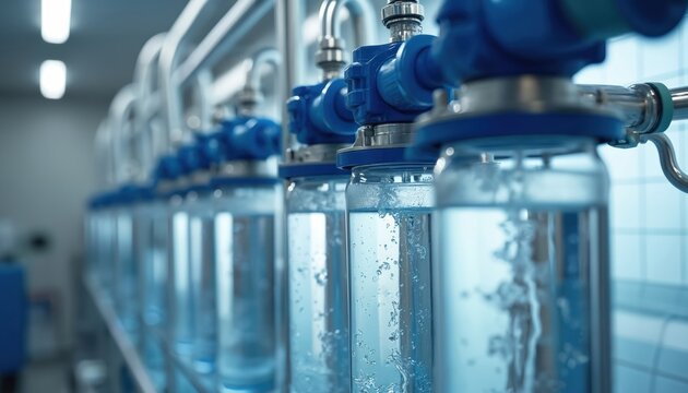 Row of clear glass containers with blue tops shows clean liquid inside. Tubes and pipes connect to filtration system for pure water production in lab setting.