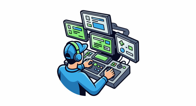 Person in headphones controlling multiple screens and joysticks