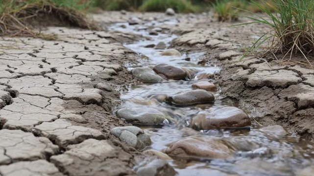 World Environment Day thin stream returning to dry riverbed after rain cinematic nature scene