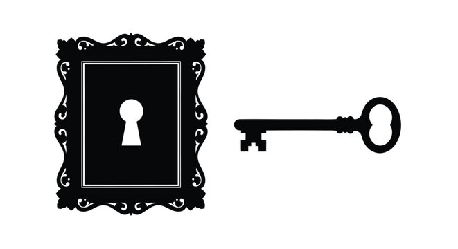 Antique key and ornate frame with keyhole a striking silhouette