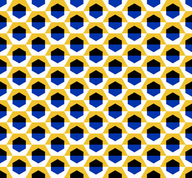 Seamless geometric optical illusion pattern with peripheral drift effect. Abstract hexagonal repeating background with vibrant colors, modern op art texture for textile, wallpaper and digital design.