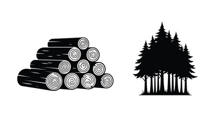 Stacked logs and coniferous trees form a striking black silhouette © MDHOJAIFA