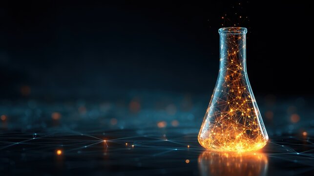 Conceptual digital science laboratory flask with glowing network connection