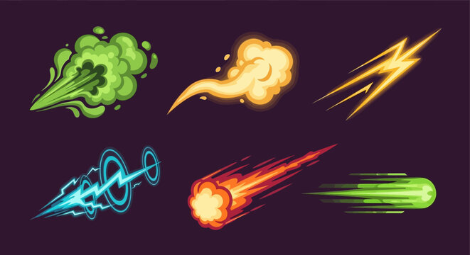 Set of Cartoon Motion Trails and Comic Speed Effects. Vector Illustration of Energy Blasts, Lightning, Fireball, and Gas Clouds for Video Game Design and Animation.