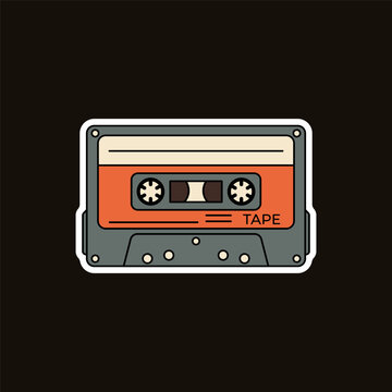 A vintage orange and grey cassette tape on a dark background. Stock Vector Groovy Sticker