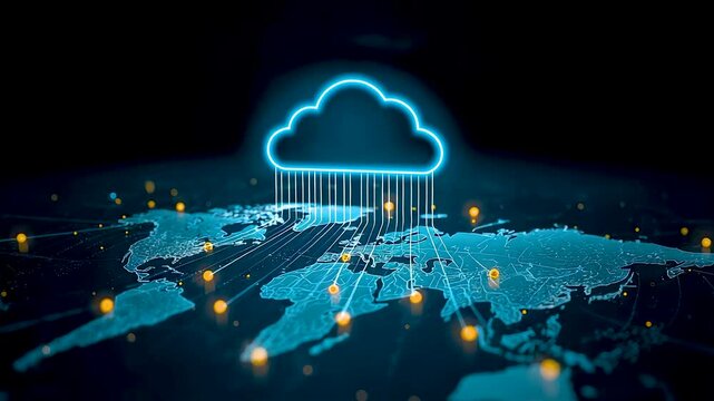 Glowing blue cloud icon with vertical data streams above digital world map with connected glowing yellow dots on dark background
