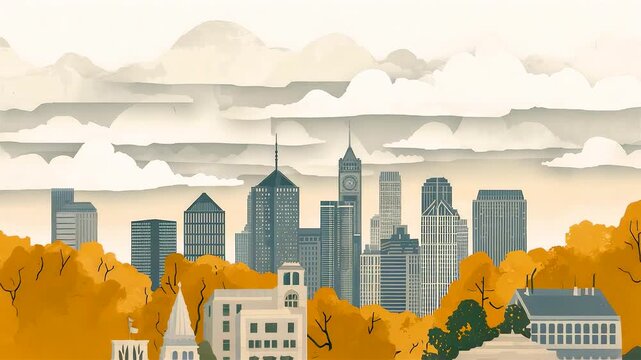 Stylized city skyline with tall skyscrapers and foreground autumn trees in orange and yellow under layered clouds