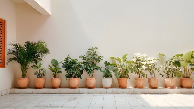 Row of potted plants arranged along wall in outdoor space.