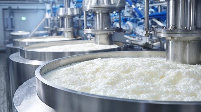 Industrial food processing factory with large stainless steel tanks of bubbling milk