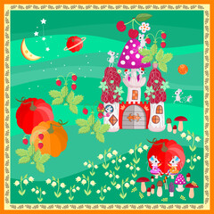 Naklejka premium Beautiful square pattern with cute mice, mushroom castle, bright pumpkins, ripe strawberries, flowers and moon from cheese. Adorable fairytale print for baby blanket, pillowcase, carpet. 