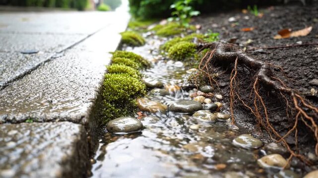 World Environment Day rainwater flowing through moss and roots by sidewalk cinematic closeup