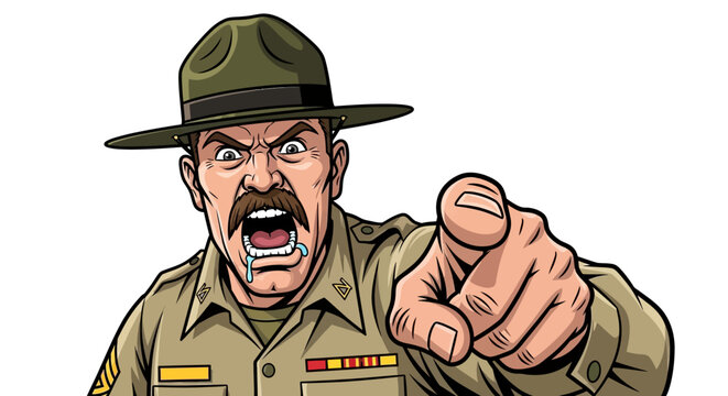 Furious Military Drill Sergeant Shouting and Pointing Finger Illustration, Angry Army Instructor Comic Art Character on White Background