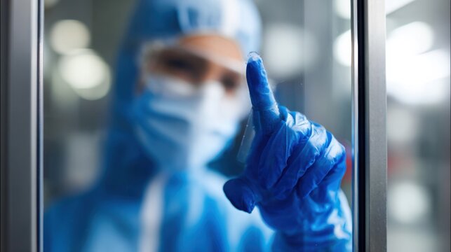 Fixed cubicle vaccination spot focused on healthcare worker sanitizing the space partition edges softly blurred to emphasize cleanliness.