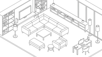 Fototapeta premium Isometric Room Interior Furniture Set with Living Room Sofa Table Chair and Office Desk Setup