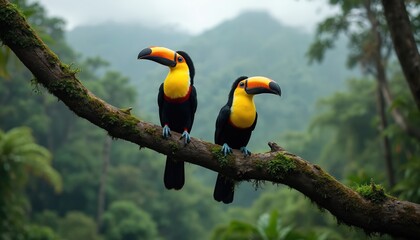 Naklejka premium Two toucans rest on a moss covered branch in rich green forest. These colorful birds have large distinctive beaks and black plumage with yellow chests. They look alertly in different directions.