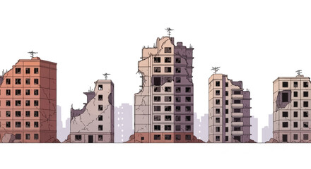 Fototapeta premium Destroyed City Buildings Illustration, Post-Apocalyptic Urban Ruins and War Zone Architecture Set on White Background