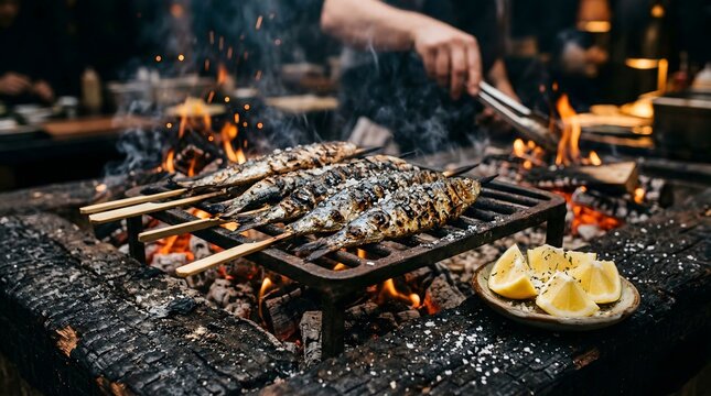Grilled Sardines on Skewers with Sea Salt and Lemon over Charcoal