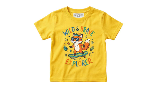 Yellow kids t-shirt with a cool cartoon fox wearing sunglasses, skateboarding, and 'Wild & Brave Explorer' text, inspiring young adventurers