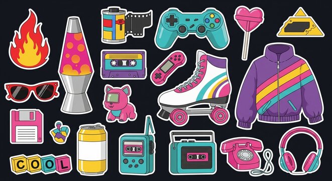 Retro 80s 90s Nostalgia Sticker Pack Vector Illustration - Vintage Pop Culture Elements for Design